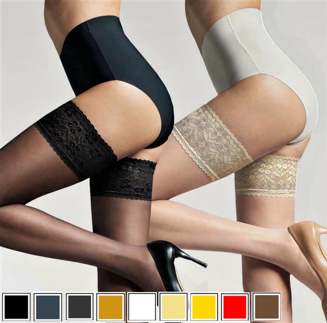 High Quality Sheer Hold Up Stockings Deep Lace Sexy Stay Ups 15 Den Denier S-XL