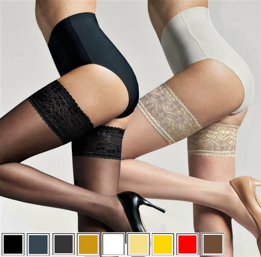 High Quality Sheer Hold Up Stockings Deep Lace Sexy Stay Ups 15 Den Denier S-XL