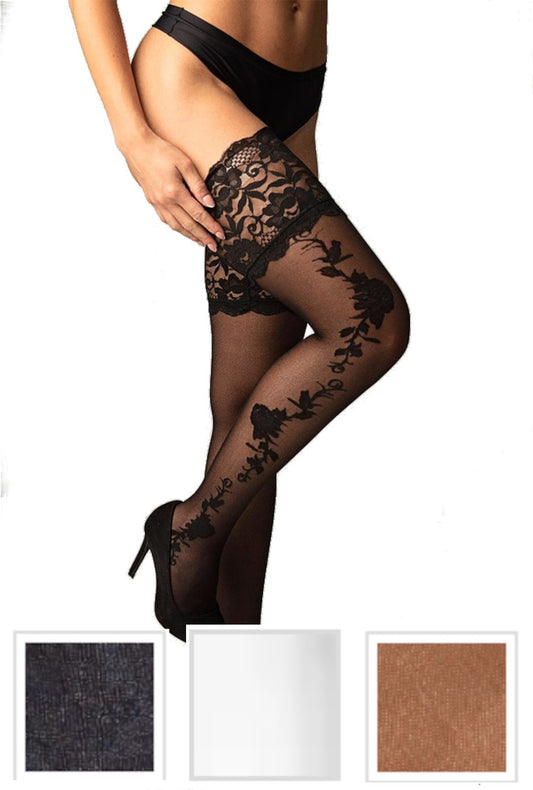 Floral Patterned Hold Up Stockings Sexy Lace High Quality Stay Ups 20 Den Denier