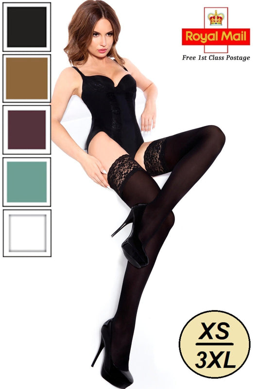 Sexy Opaque Hold Up Stockings XS - 3XL Deep Lace High Quality Stay Ups 60 Denier